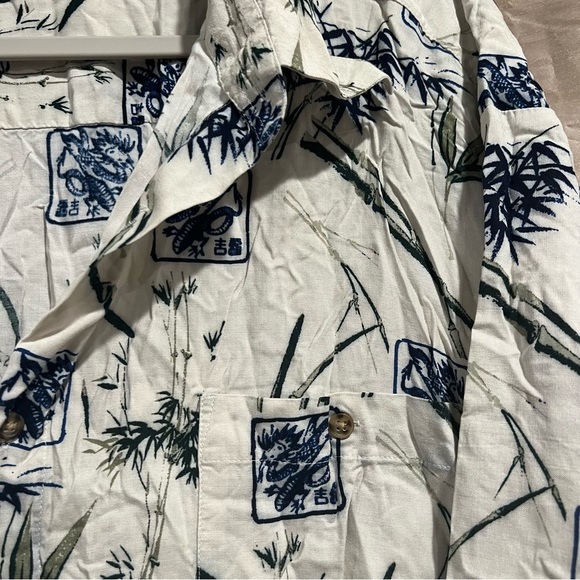 Oriental White Blue Green Dragon Design Short Sleeve Button Down - Picture 2 of 4